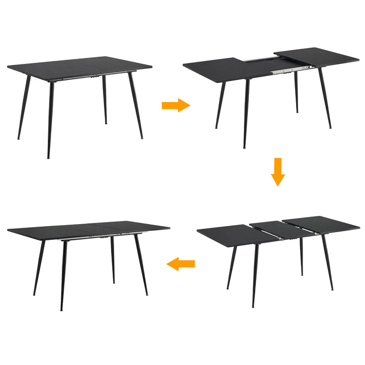 Rectangular extendable black dining room table with Scandinavian style wood effect gold dot feet 120-160 cm WHALEN DARK WOOD STRETCH TABLE BG