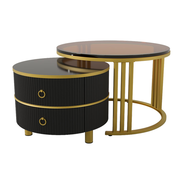 Set of 2 black golden glass round nesting coffee tables with 2 drawers CHOHMOI BR BLACK UK