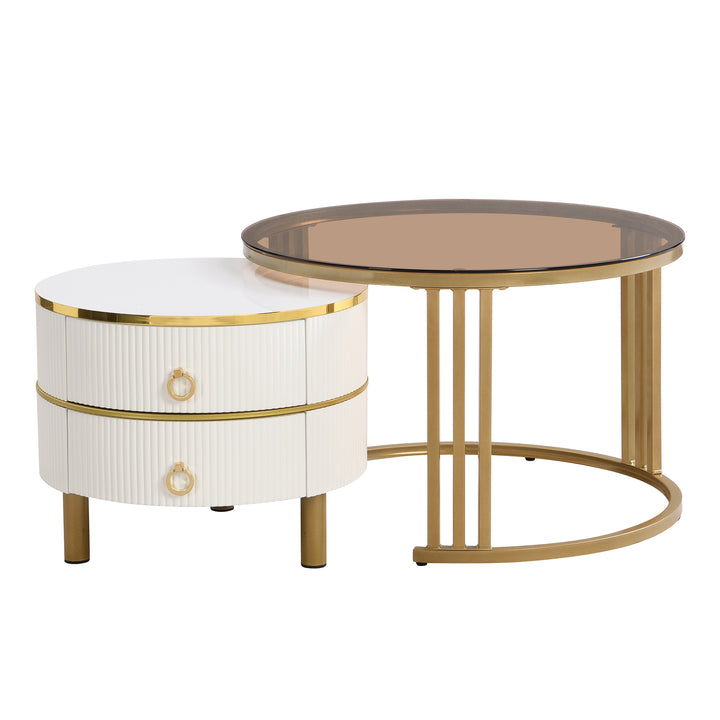 Set of 2 white golden glass round coffee tables with 2 drawers CHOHMOI BR WHITE UK