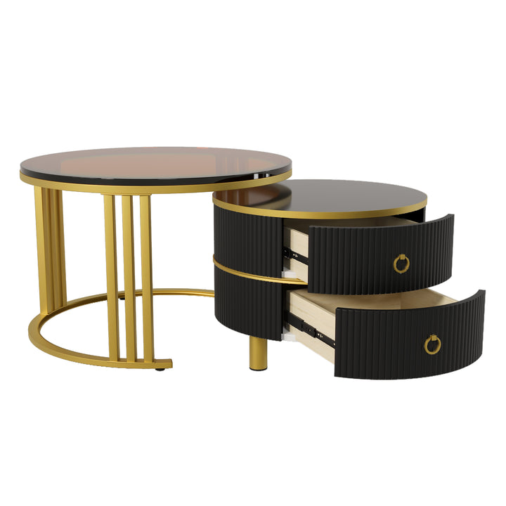 Set of 2 black golden glass round nesting coffee tables with 2 drawers CHOHMOI BR BLACK UK