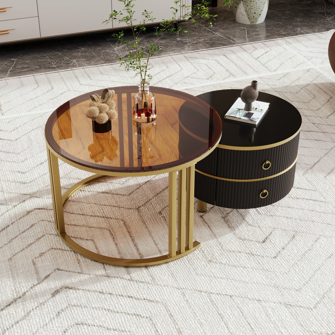 Set of 2 black golden glass round nesting coffee tables with 2 drawers CHOHMOI BR BLACK UK
