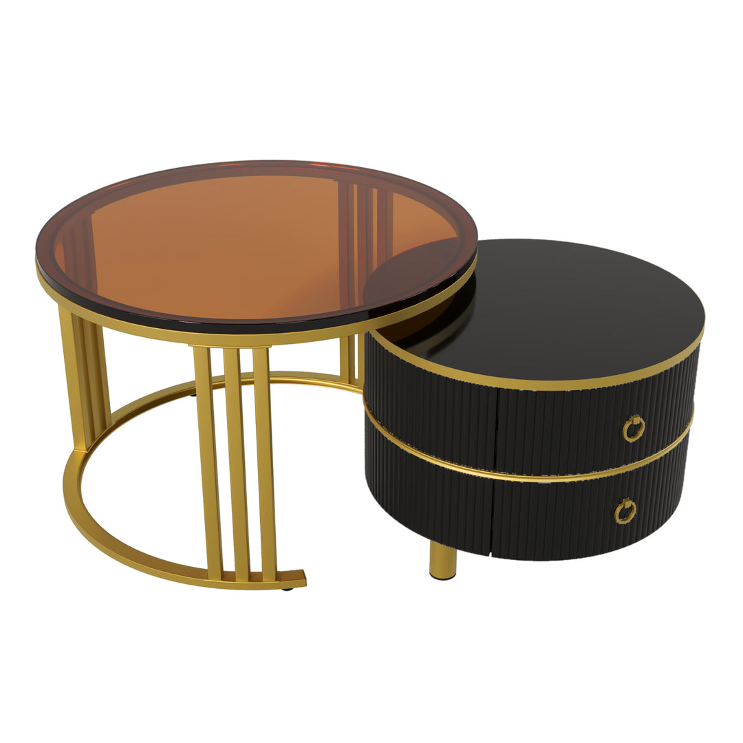 Set of 2 black golden glass round nesting coffee tables with 2 drawers CHOHMOI BR BLACK UK