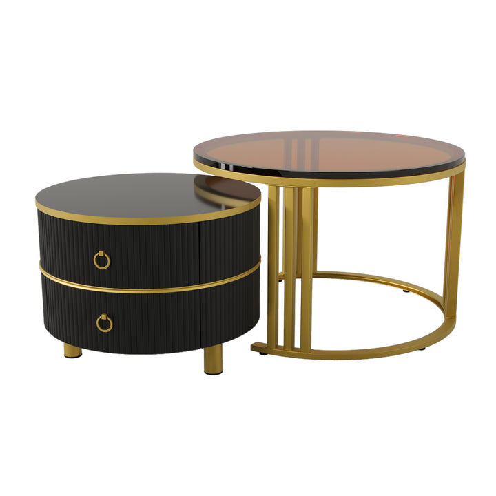 Set of 2 black golden glass round nesting coffee tables with 2 drawers CHOHMOI BR BLACK UK