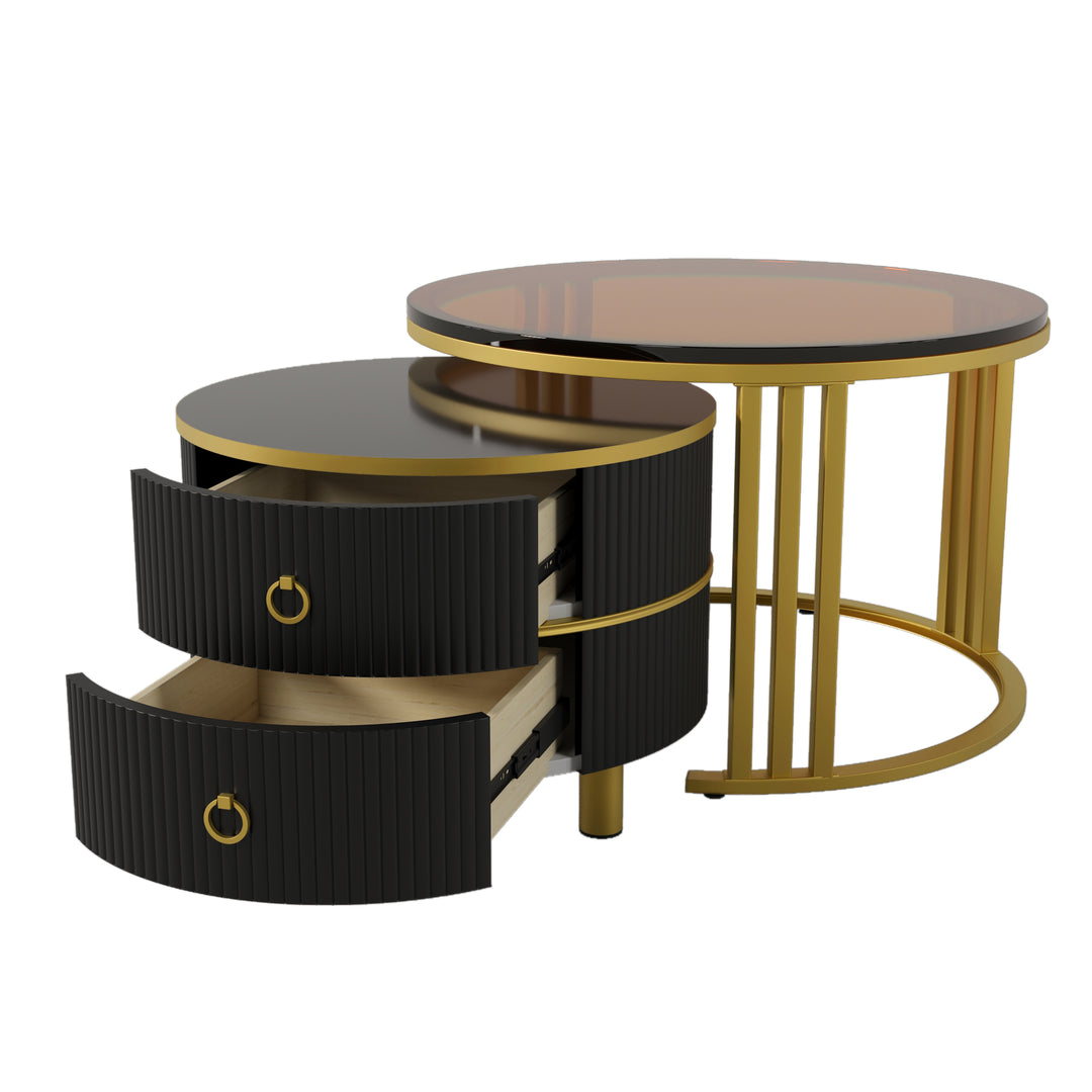 Set of 2 black golden glass round nesting coffee tables with 2 drawers CHOHMOI BR BLACK UK