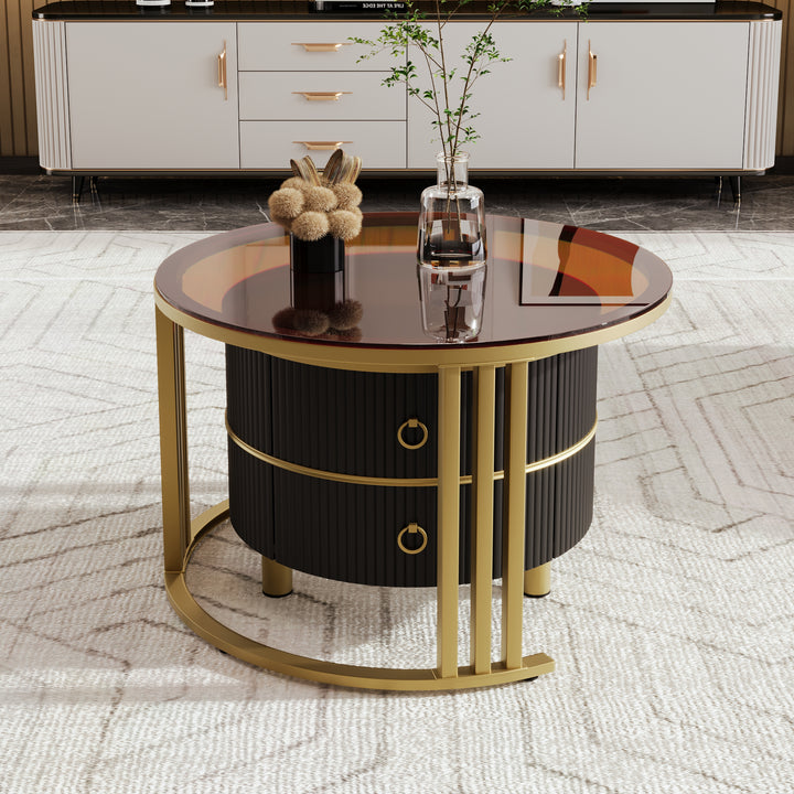 Set of 2 black golden glass round nesting coffee tables with 2 drawers CHOHMOI BR BLACK UK