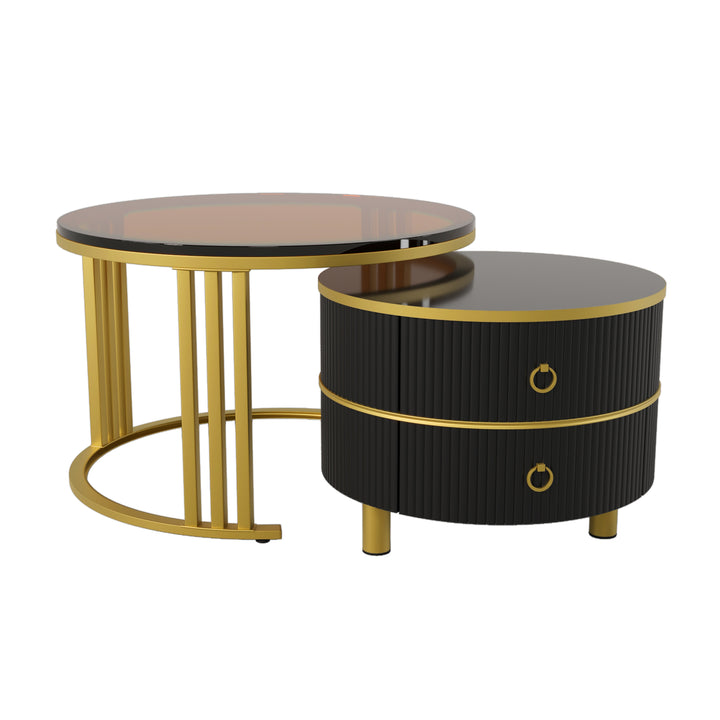 Set of 2 black golden glass round nesting coffee tables with 2 drawers CHOHMOI BR BLACK UK