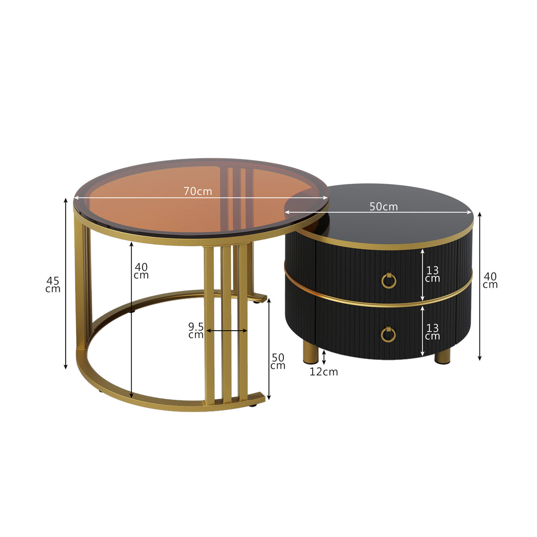 Set of 2 black golden glass round nesting coffee tables with 2 drawers CHOHMOI BR BLACK UK