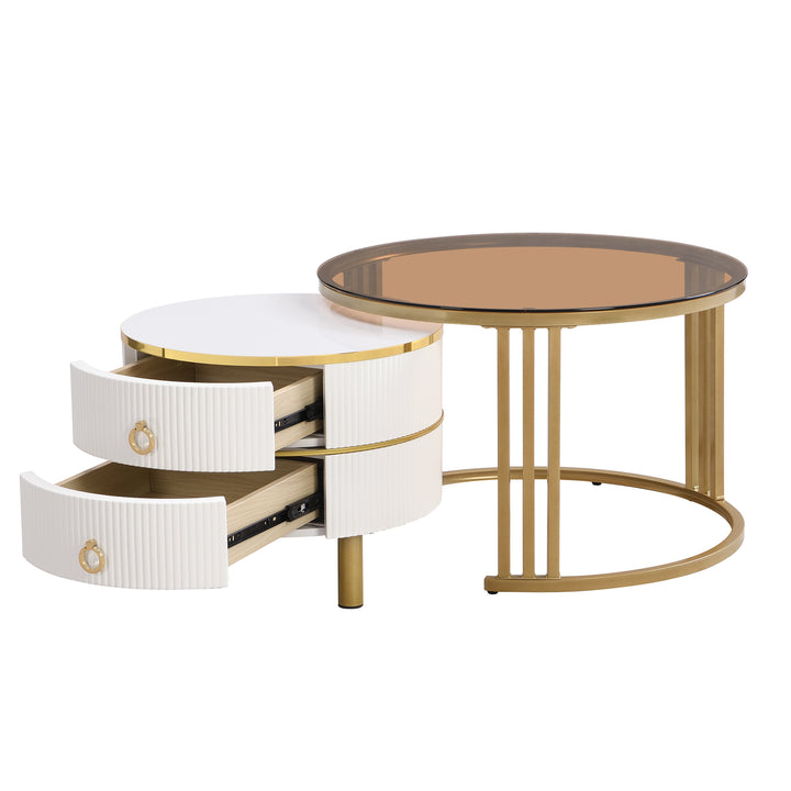 Set of 2 white golden glass round coffee tables with 2 drawers CHOHMOI BR WHITE UK