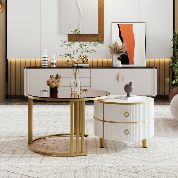 Set of 2 white golden glass round coffee tables with 2 drawers CHOHMOI BR WHITE UK