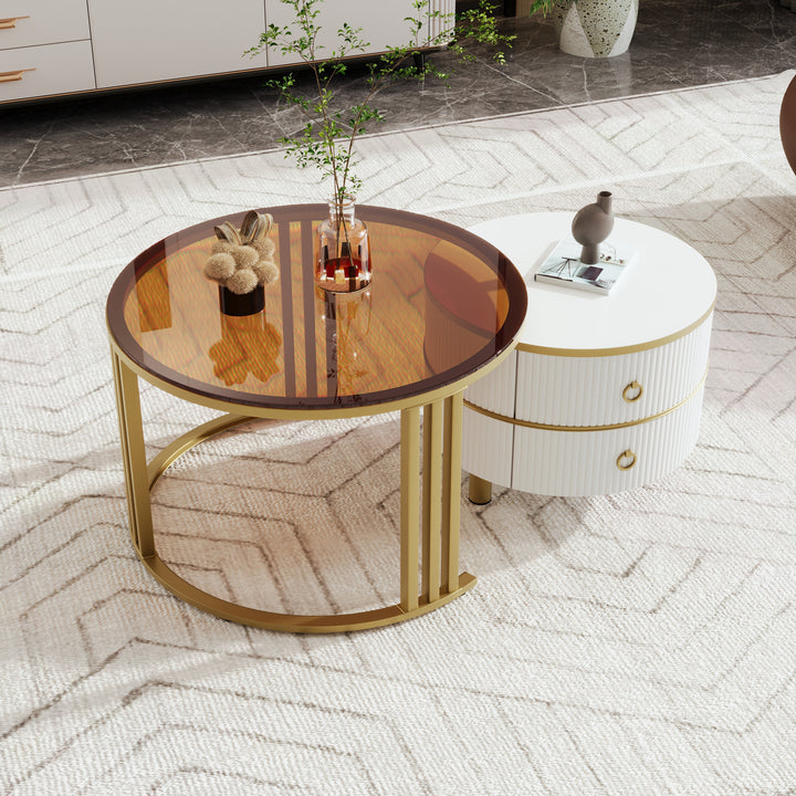 Set of 2 white golden glass round coffee tables with 2 drawers CHOHMOI BR WHITE UK