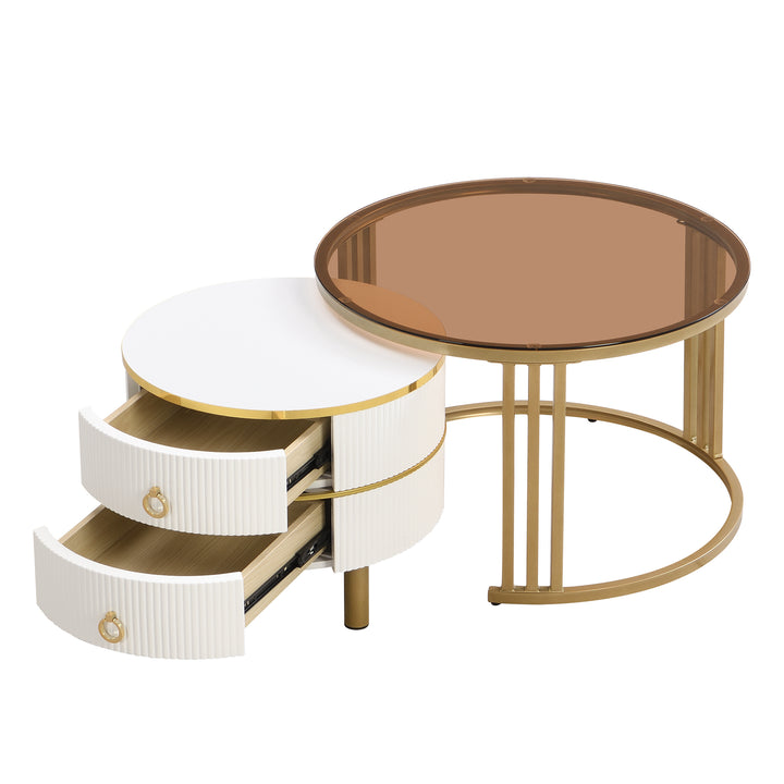 Set of 2 white golden glass round coffee tables with 2 drawers CHOHMOI BR WHITE UK