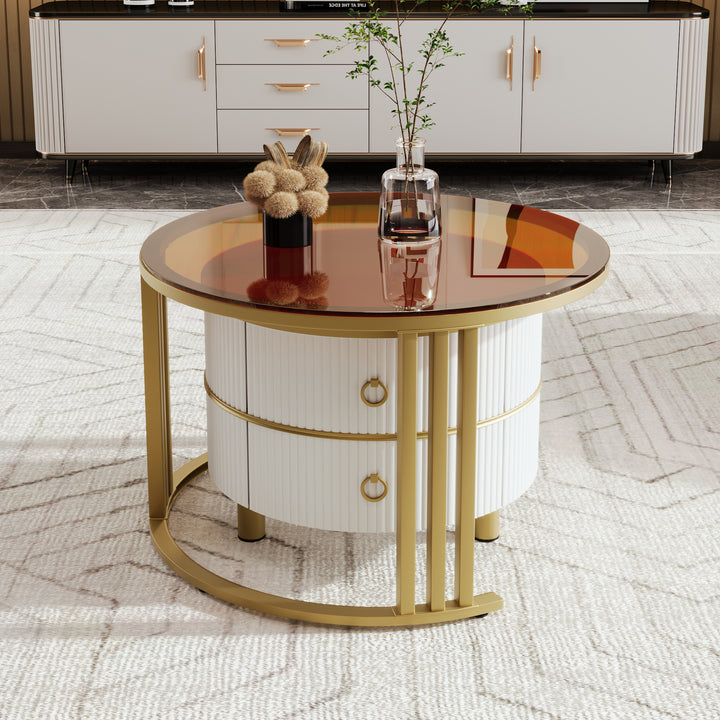 Set of 2 white golden glass round coffee tables with 2 drawers CHOHMOI BR WHITE UK