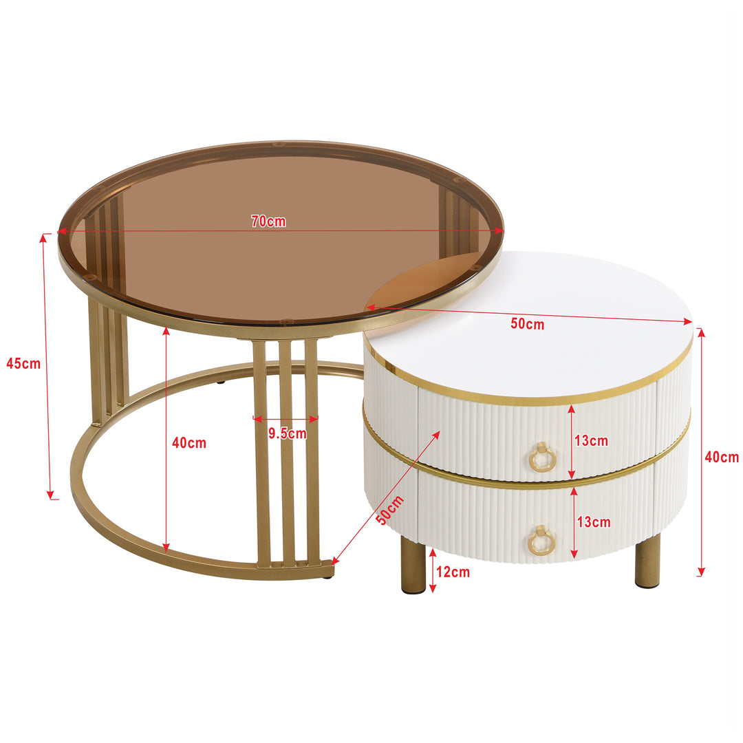 Set of 2 white golden glass round coffee tables with 2 drawers CHOHMOI BR WHITE UK