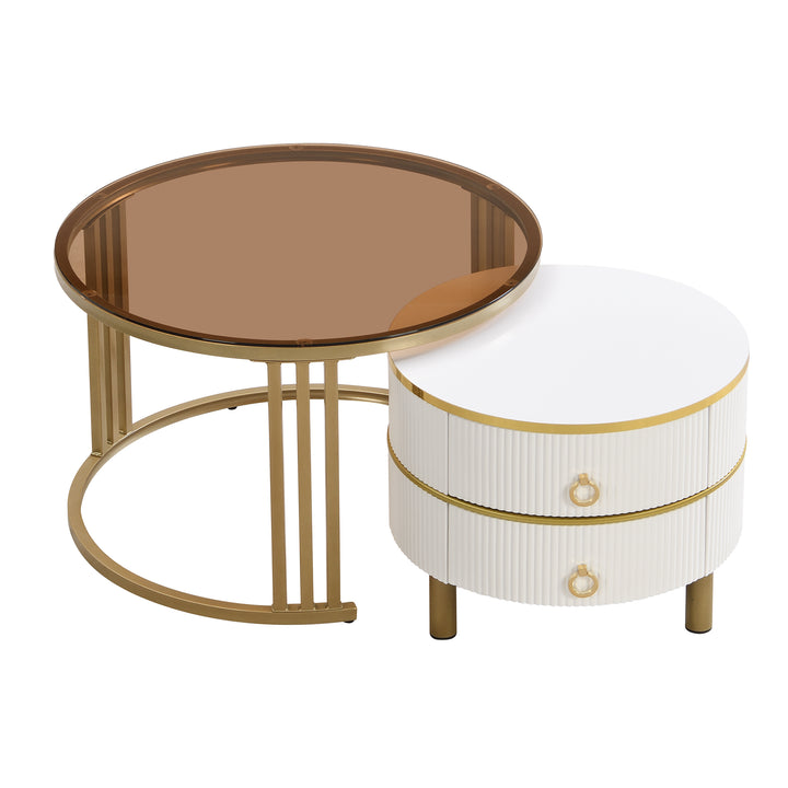 Set of 2 white golden glass round coffee tables with 2 drawers CHOHMOI BR WHITE UK