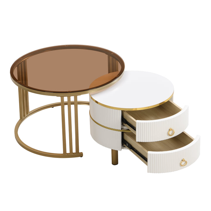 Set of 2 white golden glass round coffee tables with 2 drawers CHOHMOI BR WHITE UK