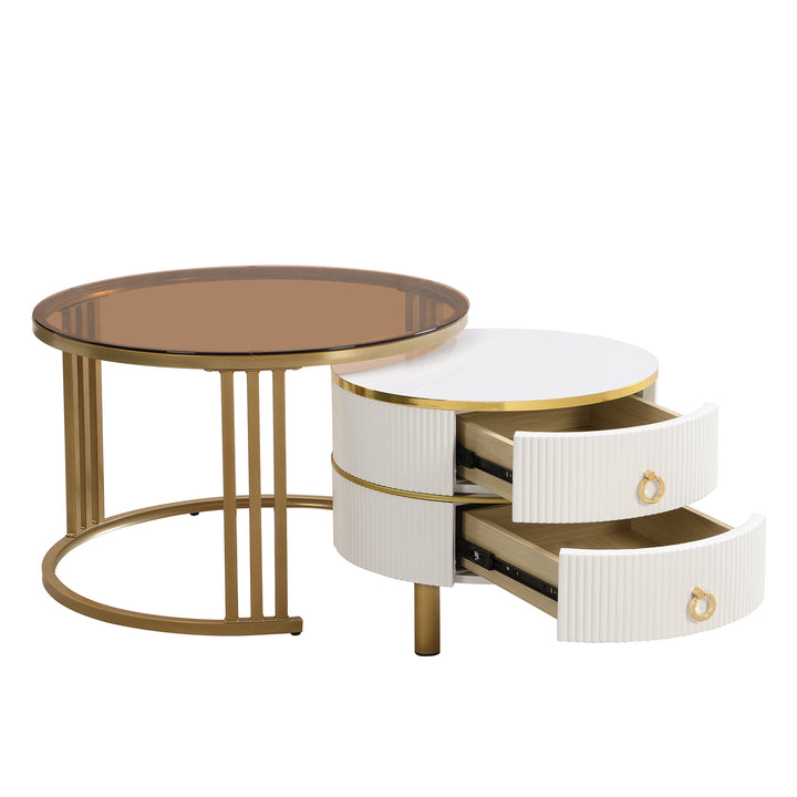 Set of 2 white golden glass round coffee tables with 2 drawers CHOHMOI BR WHITE UK