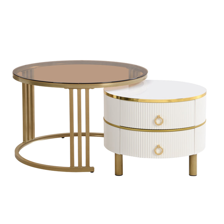 Set of 2 white golden glass round coffee tables with 2 drawers CHOHMOI BR WHITE UK