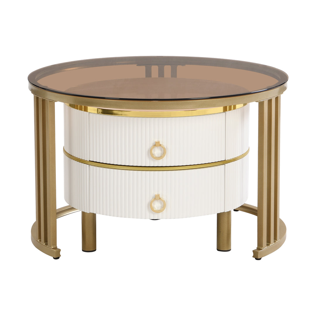 Set of 2 white golden glass round coffee tables with 2 drawers CHOHMOI BR WHITE UK