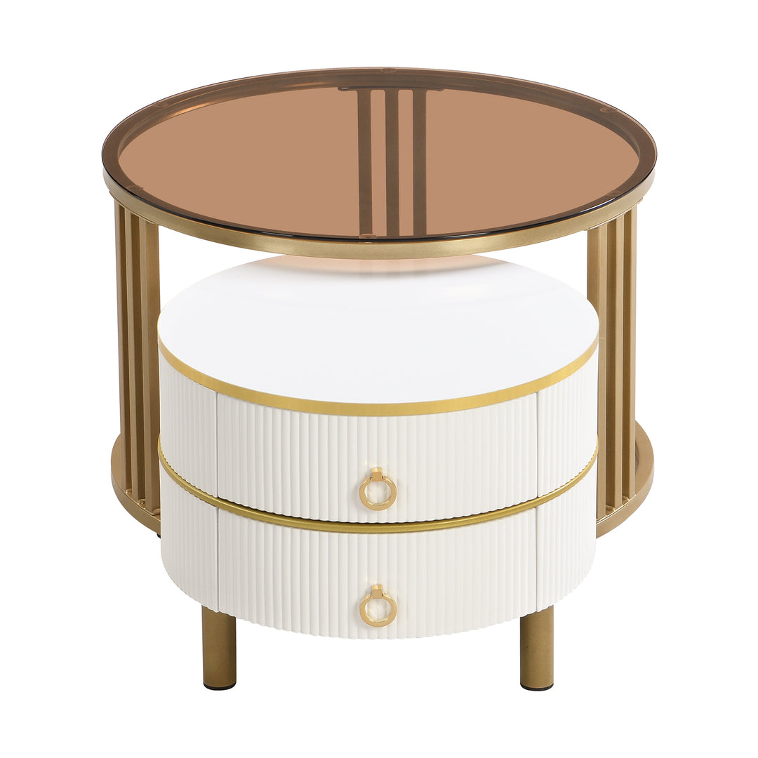 Set of 2 white golden glass round coffee tables with 2 drawers CHOHMOI BR WHITE UK