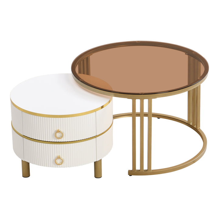 Set of 2 white golden glass round coffee tables with 2 drawers CHOHMOI BR WHITE UK