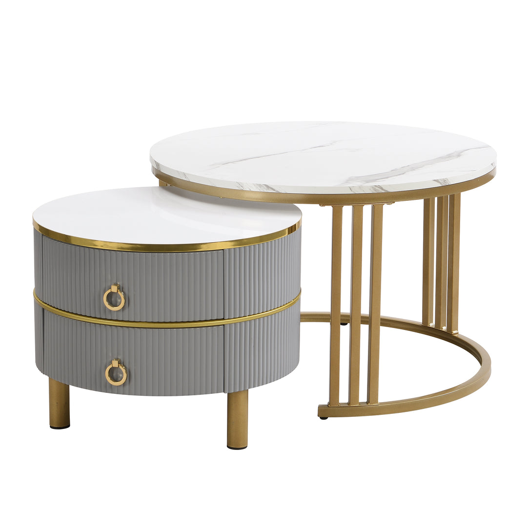 Set of 2 imitation white marble coffee tables glossy surface with 2 drawers CHOHMOI GD GREY UK