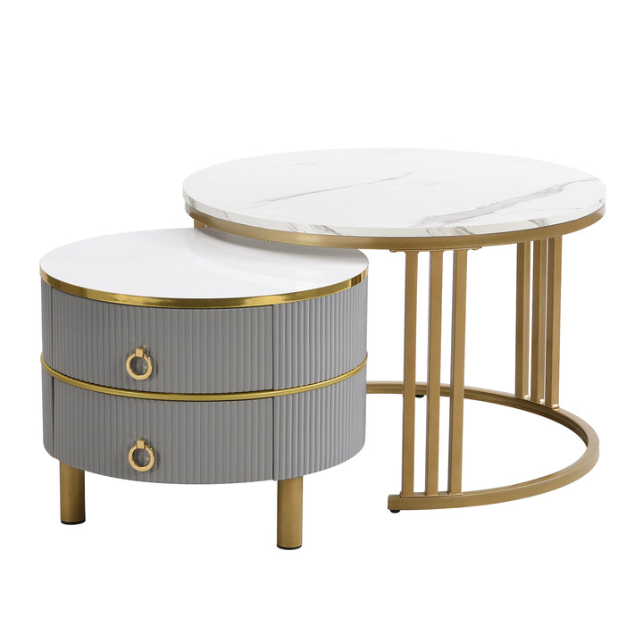 Set of 2 imitation white marble coffee tables glossy surface with 2 drawers CHOHMOI GD GREY UK