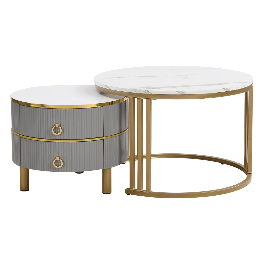 Set of 2 imitation white marble coffee tables glossy surface with 2 drawers CHOHMOI GD GREY UK