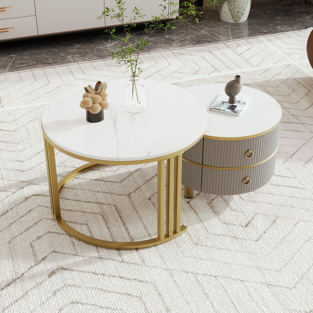 Set of 2 imitation white marble coffee tables glossy surface with 2 drawers CHOHMOI GD GREY UK