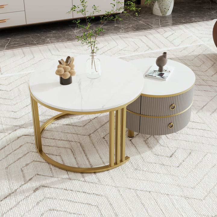 Set of 2 imitation white marble coffee tables glossy surface with 2 drawers CHOHMOI GD GREY UK