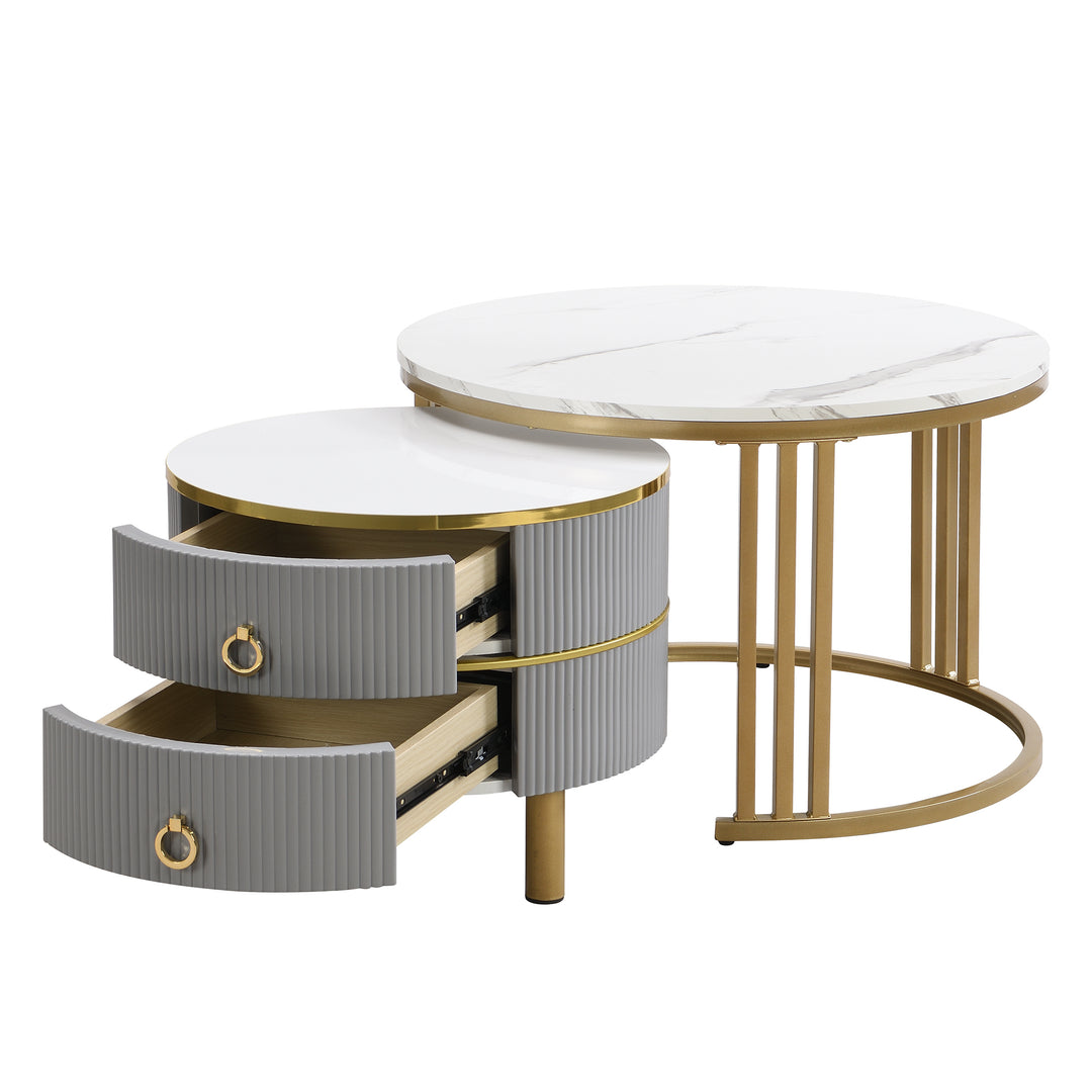 Set of 2 imitation white marble coffee tables glossy surface with 2 drawers CHOHMOI GD GREY UK