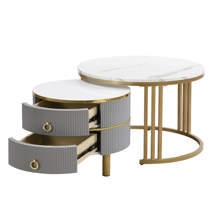 Set of 2 imitation white marble coffee tables glossy surface with 2 drawers CHOHMOI GD GREY UK