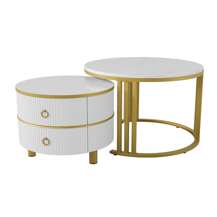 Set of 2 nesting white glass coffee table golden frame 2 drawers CHOHMOI GD WHITE UK