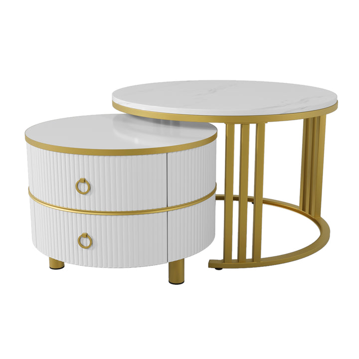 Set of 2 nesting white glass coffee table golden frame 2 drawers CHOHMOI GD WHITE UK