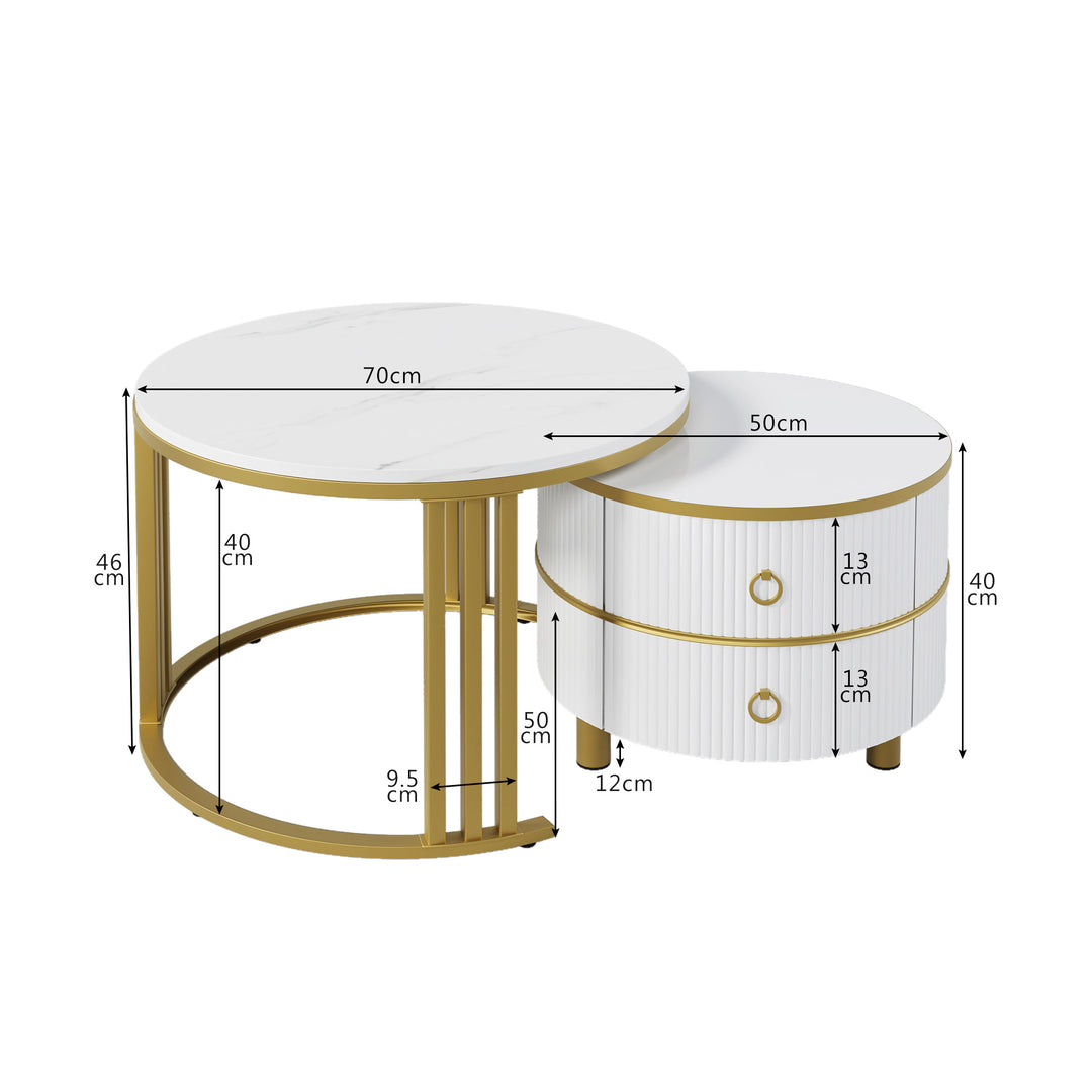 Set of 2 nesting white glass coffee table golden frame 2 drawers CHOHMOI GD WHITE UK