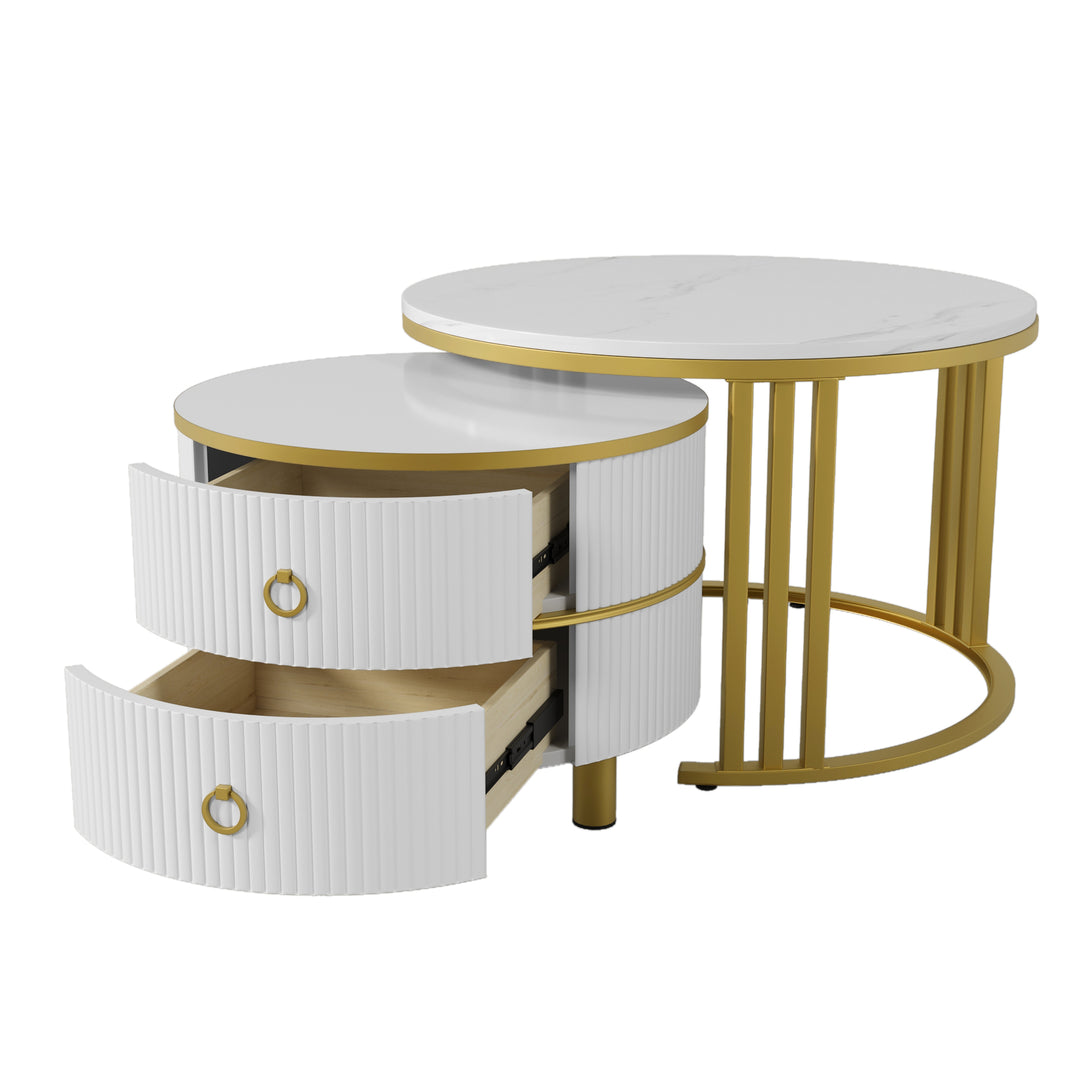 Set of 2 nesting white glass coffee table golden frame 2 drawers CHOHMOI GD WHITE UK