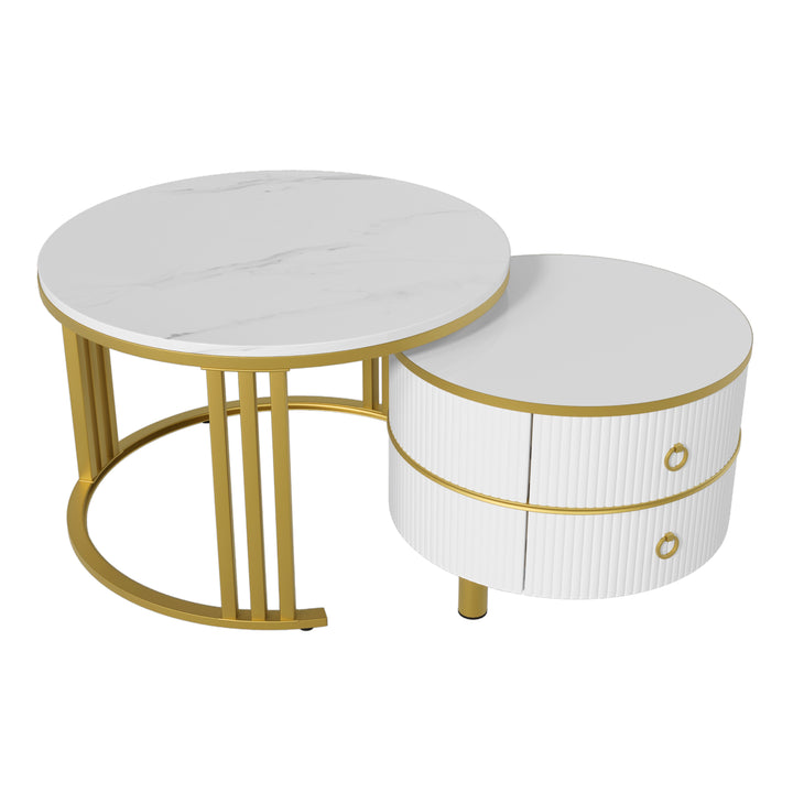 Set of 2 nesting white glass coffee table golden frame 2 drawers CHOHMOI GD WHITE UK