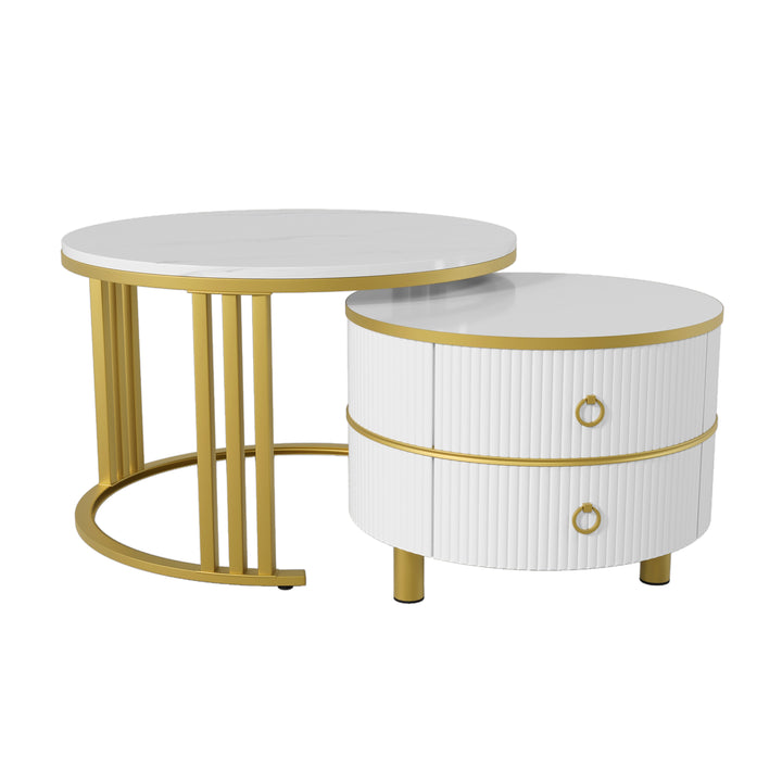 Set of 2 nesting white glass coffee table golden frame 2 drawers CHOHMOI GD WHITE UK