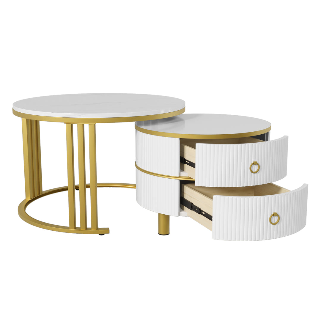 Set of 2 nesting white glass coffee table golden frame 2 drawers CHOHMOI GD WHITE UK