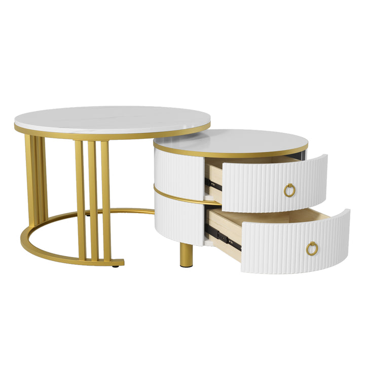 Set of 2 nesting white glass coffee table golden frame 2 drawers CHOHMOI GD WHITE UK