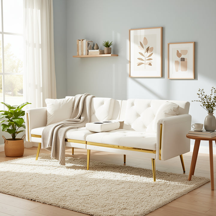 Beige velvet tufted 2-seater sofa bed with gold legs hidden fold-down cup holder COTTONPUFF