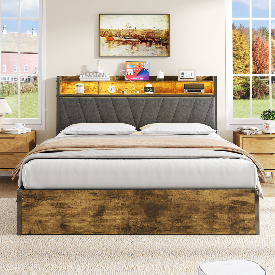 Grey wooden industrial kingsize ottoman bed frame end opening with LED storage headboard & charging (150*200cm) CROLQELS KING UK