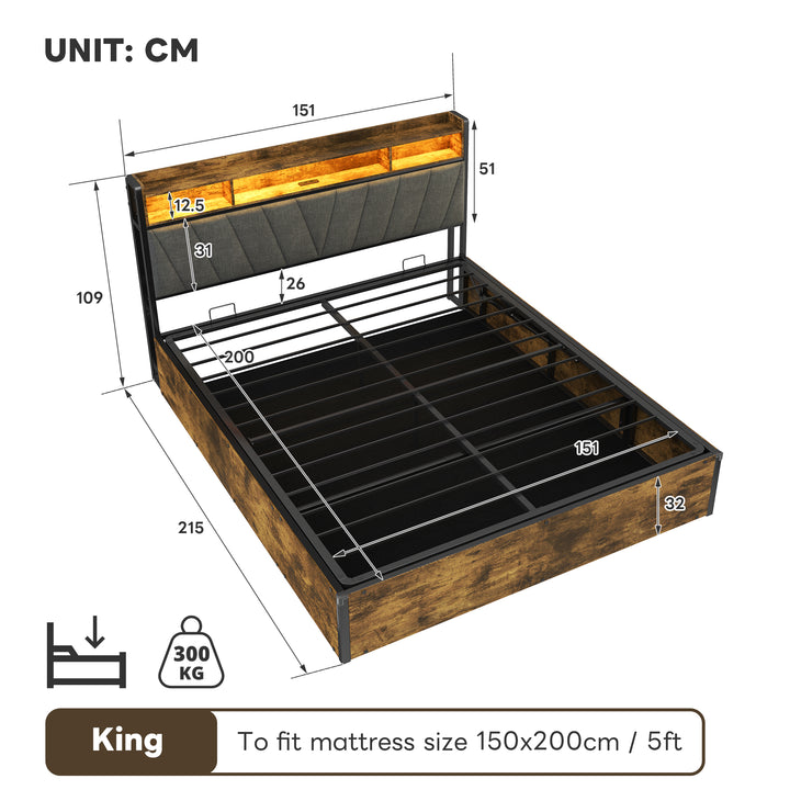 Grey wooden industrial kingsize ottoman bed frame end opening with LED storage headboard & charging (150*200cm) CROLQELS KING UK