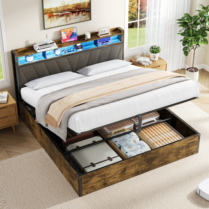 Grey wooden industrial kingsize ottoman bed frame end opening with LED storage headboard & charging (150*200cm) CROLQELS KING UK