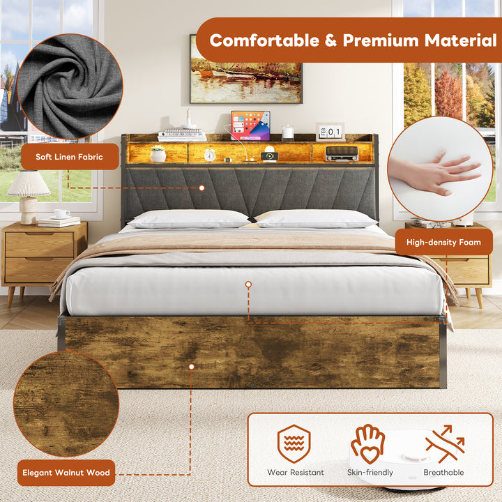 Grey wooden industrial kingsize ottoman bed frame end opening with LED storage headboard & charging (150*200cm) CROLQELS KING UK