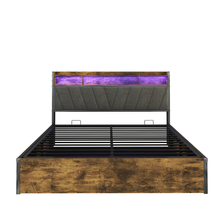 Grey wooden industrial kingsize ottoman bed frame end opening with LED storage headboard & charging (150*200cm) CROLQELS KING UK
