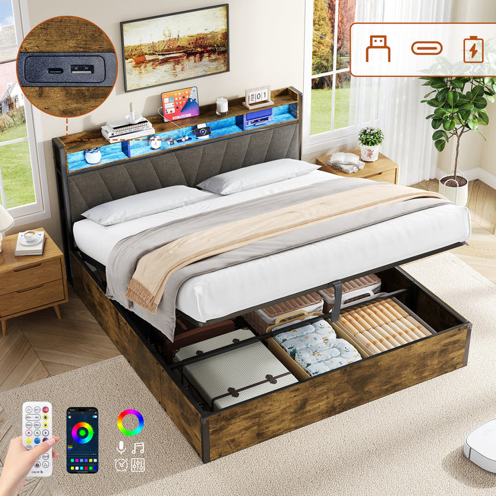 Grey wooden industrial kingsize ottoman bed frame end opening with LED storage headboard & charging (150*200cm) CROLQELS KING UK