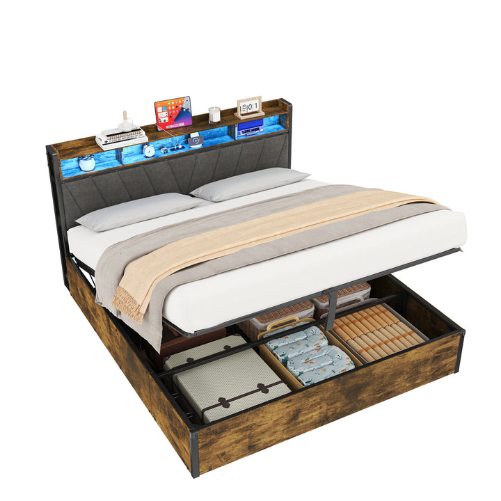 Grey wooden industrial kingsize ottoman bed frame end opening with LED storage headboard & charging (150*200cm) CROLQELS KING UK