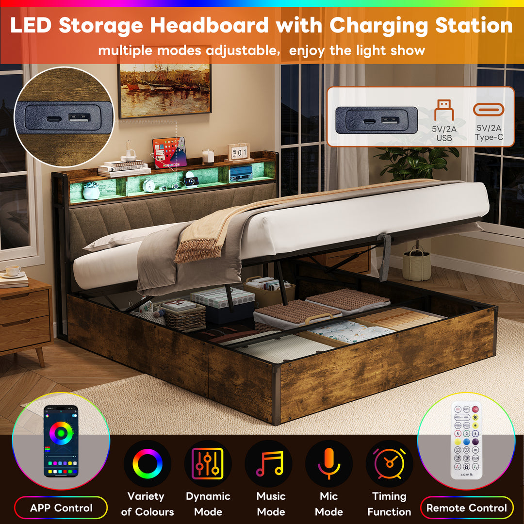 Grey wooden industrial kingsize ottoman bed frame end opening with LED storage headboard & charging (150*200cm) CROLQELS KING UK