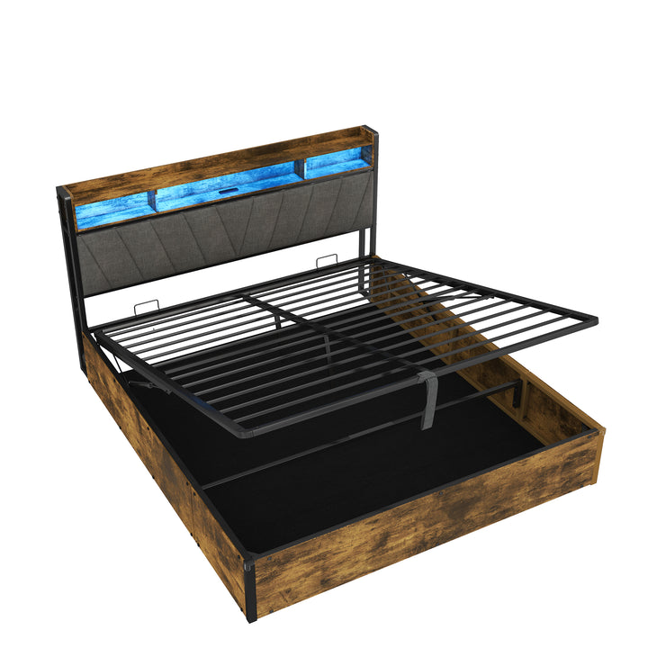 Grey wooden industrial kingsize ottoman bed frame end opening with LED storage headboard & charging (150*200cm) CROLQELS KING UK