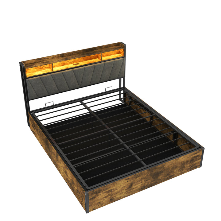 Grey wooden industrial kingsize ottoman bed frame end opening with LED storage headboard & charging (150*200cm) CROLQELS KING UK